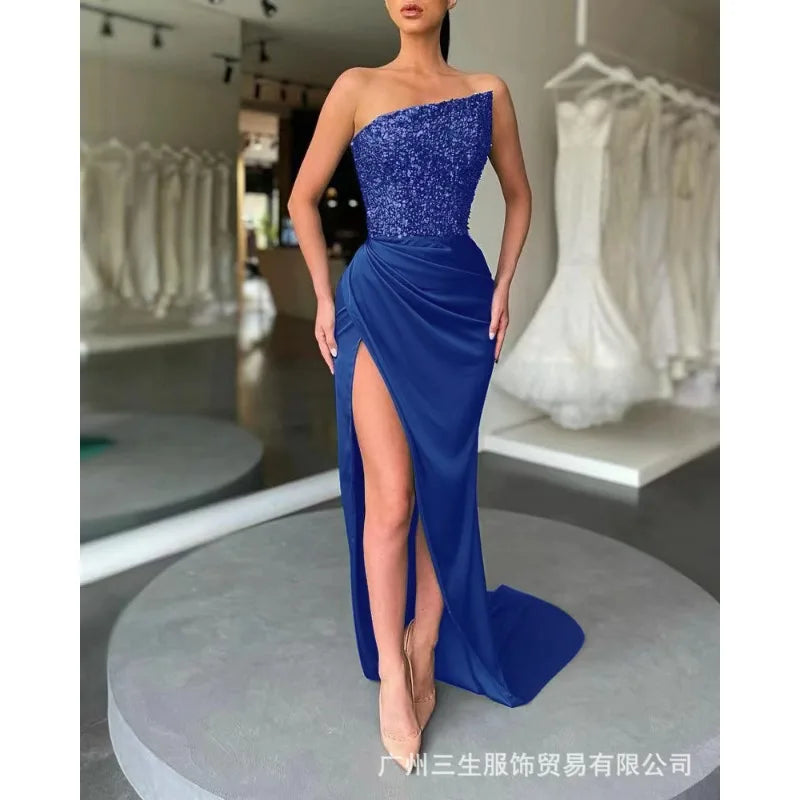 2024 Spring Summer New Green Sequined Fairy Long Sleeveless Fashion Dress Mid Evening Dress Strapless Sexy Formal - reetell