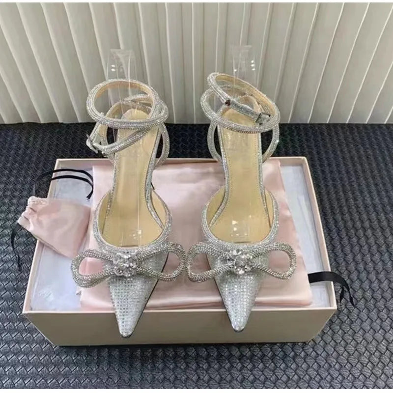 Brand Luxury Crystal Sequined Bowknot Women Pumps Sexy Ankle Strap High heels Female Sandals Summer Fashion Wedding Prom Shoes - reetell