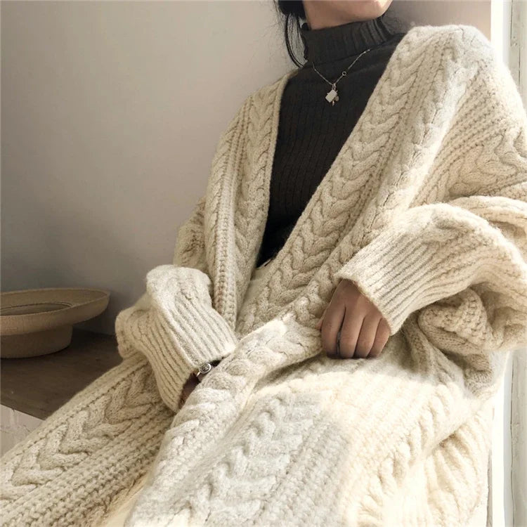 Women Cardigan Jacket Long Coat Solid Thicken Sweater Autumn Winter Street Wear Loose Warm Overcoat Female Topcoat Fashion Retro - reetell