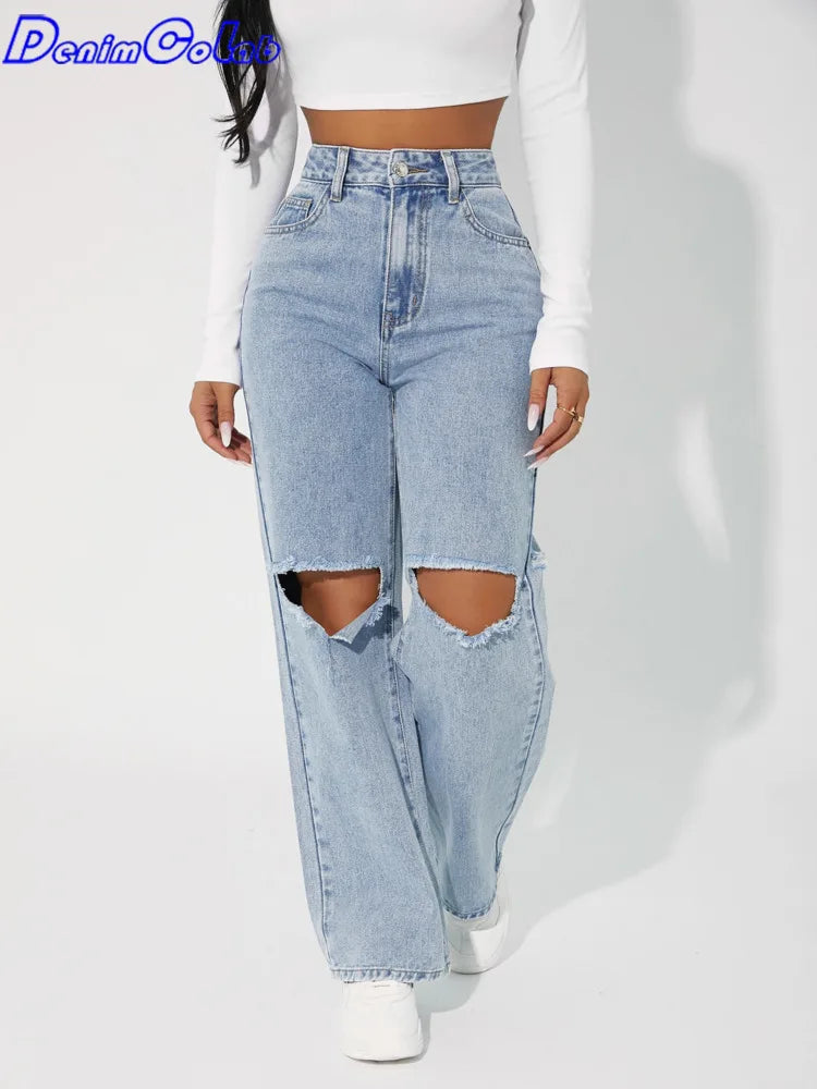 Denimcolab High Waist Straight Pant Fashion Hole In Knee Jeans Woman Loose Boyfriend Jeans Lady Streetwear Cut Out Denim Trouser - reetell