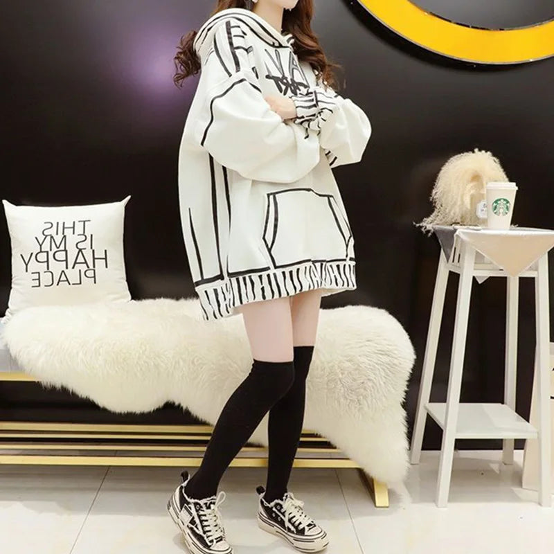 Autumn Winter New Sweatshirts Oversized Women Clothes Casual Korean Printing Loose Fleece Pullover Coat Femme Mid Length Top - reetell