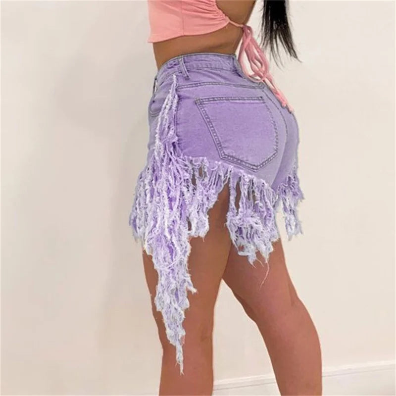 Fashion Tassel Splice Trouser Legs Denim Shorts Women High Waist Button Mini Jeans Female Casual Three Quarter Pants Streetwear - reetell