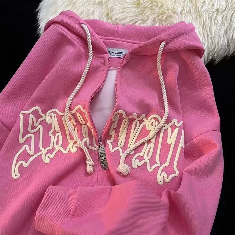 Hiphop Letter Embroidery Sweatshirt Women Autumn Harajuku Zip Up Casual Loose Hoodie Retro Long Sleeve Hooded Jacket Y2K Clothes - reetell