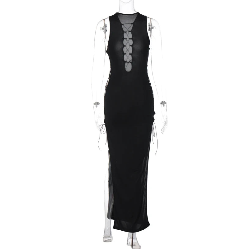 Hawthaw Women Sexy Party Club Evening Bodycon Hollow Out Black Long Dress 2023 Summer Clothes Wholesale Items For Business - reetell