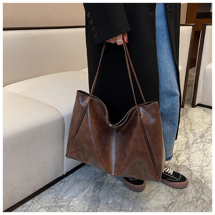 Women Tote Bag Fashion Underarm Pouch Large Capacity Soft Pu Leather Shoulder Bag Retro Crossbody Bag Casual Portable Bucket Bag