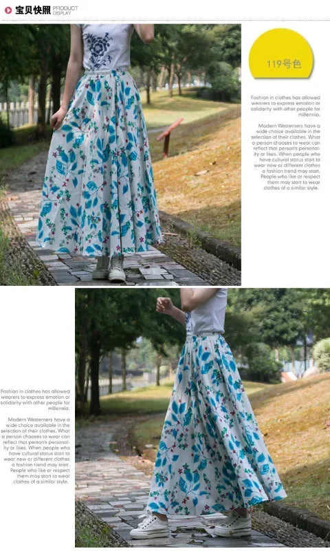 Fashion Summer Cotton Linen Women Skirt Saia Casual Vintage y2k Print Long Skirts Woman Clothes Bohemian Faldas Maxi Bottom Jupe - reetell