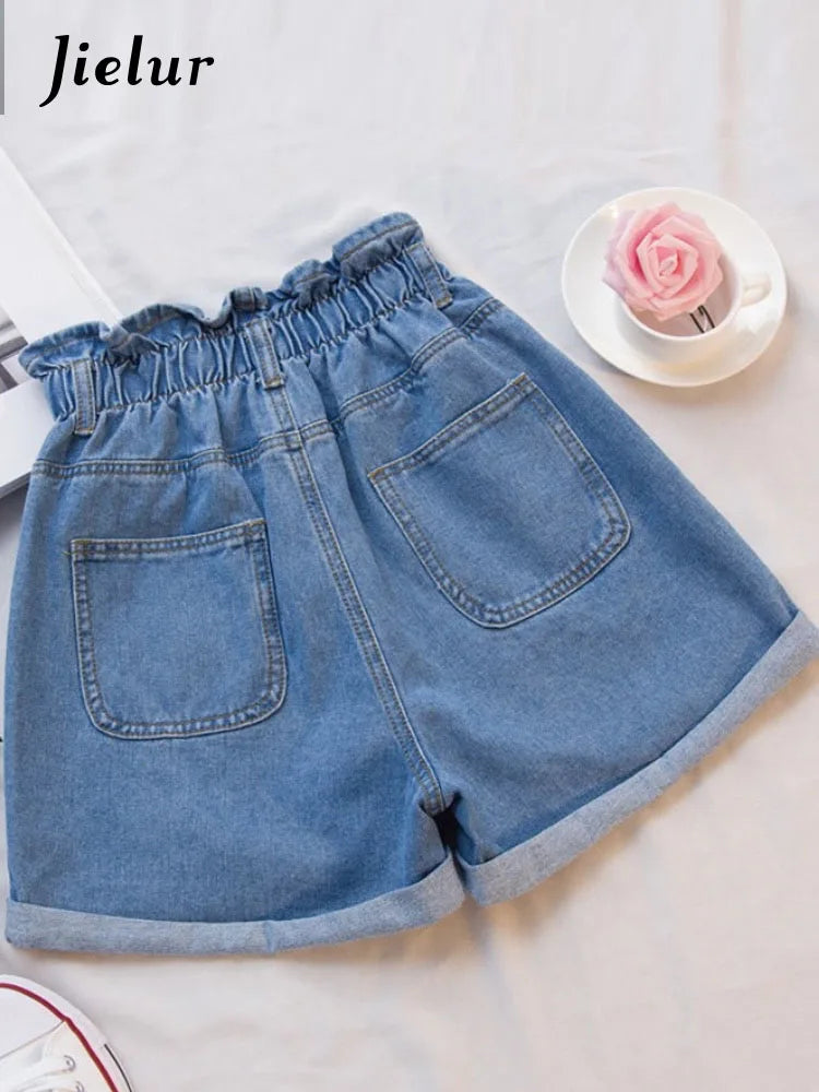 Jielur Summer Black Women Denim Shorts Women S-5XL Harem Ruffled White Blue High Waisted Shorts Female Elastic Short Jeans - reetell