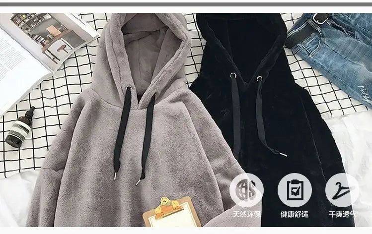 Autumn Winter Fleece-lined Hooded Long-sleeve Sweatshirt Women Hoodies Fashion Loose Couple's Warm Plush Coat Lazy Style Tops - reetell