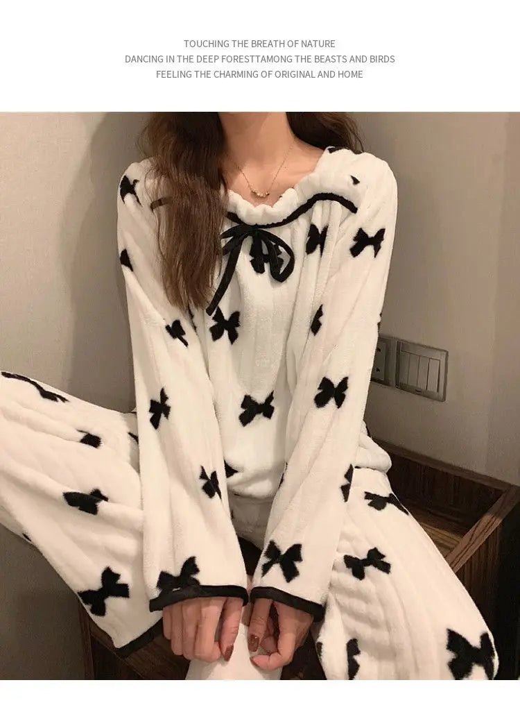 Coral Fleece Pajamas Sets for Women Autumn Winter Thick Warm Sweet Long Sleeve Sleepwear Nightgown Pijama Suit Mujer Homewear