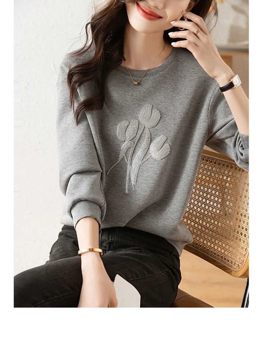 Women's Stereoscopic Flowers Hooded Sweatshirt Casual Round Neck Top Gray Clothes Simple Fashion Autumn - reetell