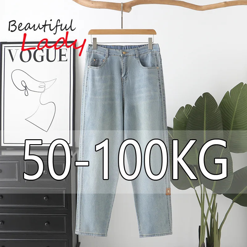 L-5XL 50kg-105kg Summer Women Jeans Light Blue High Waisted Jeans Plus Large Size Baggy Mom Jeans Harem Denim Trousers - reetell