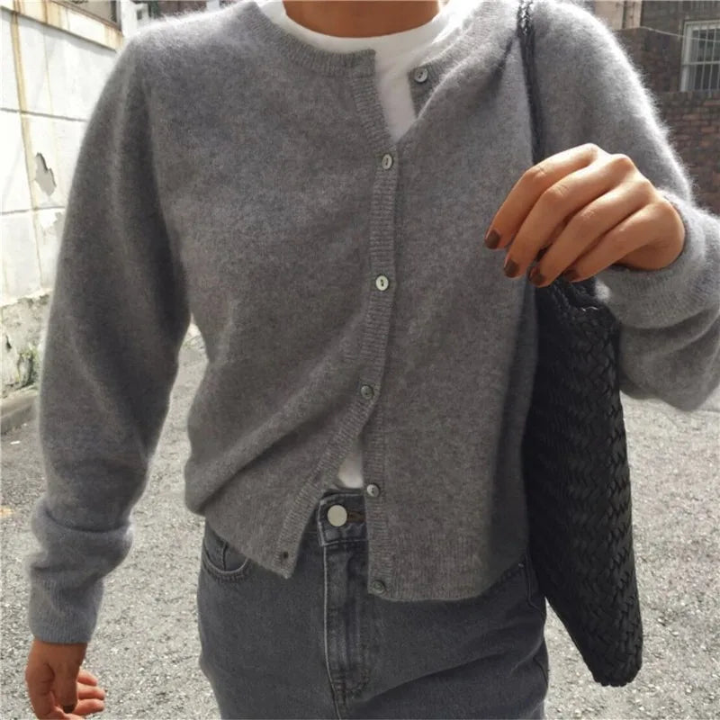 Solid Color Knitted Cardigan Women Korean Single Breasted Long Sleeve Jumper Woman Round Neck All Match Cardigans Outwear 2024 - reetell