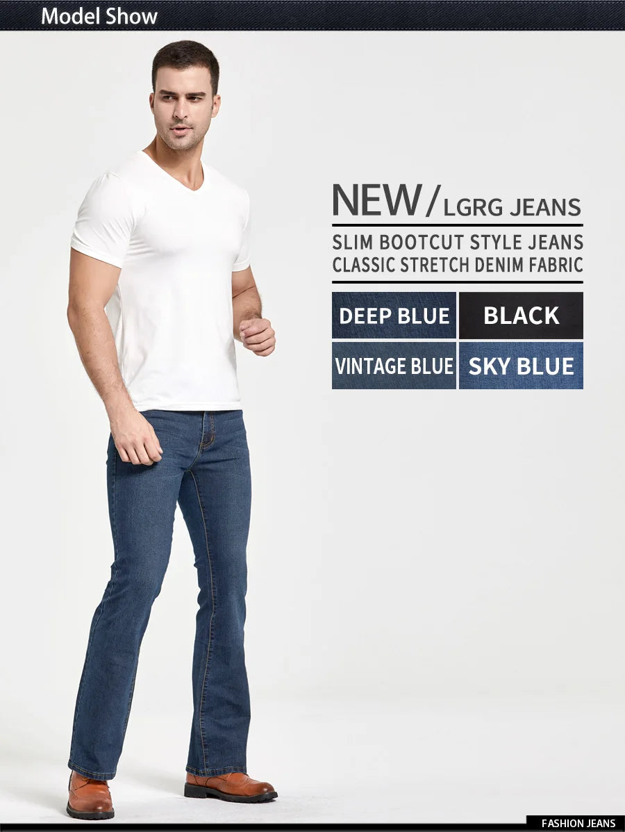 Mens Boot Cut Jeans Slightly Flared Slim Fit Blue Black Trousers Designer Classic Male Stretch Denim Pants - reetell