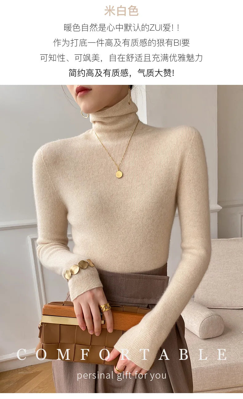 Women Sweater Winter Cashmere Turtleneck Warm Knitwear Korean Casual Solid Bottoming Shirt Fashion Knit Pullovers Brown Sweater - reetell