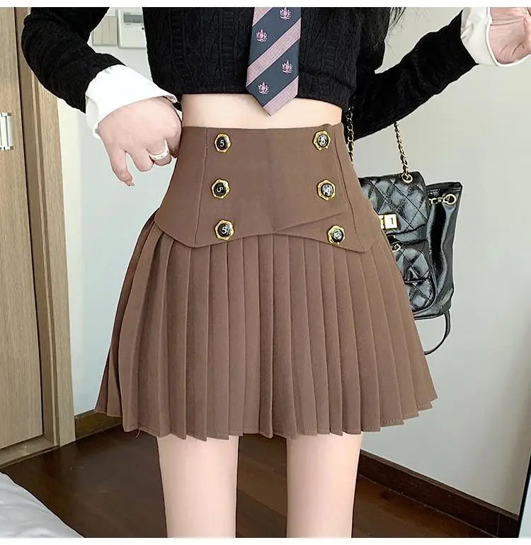 Pleated Skirt New Spring Autumn All-match Buttons Solid Color High Waist A-line Skirt Femme Preppy Style Pleated Trend Skirts - reetell