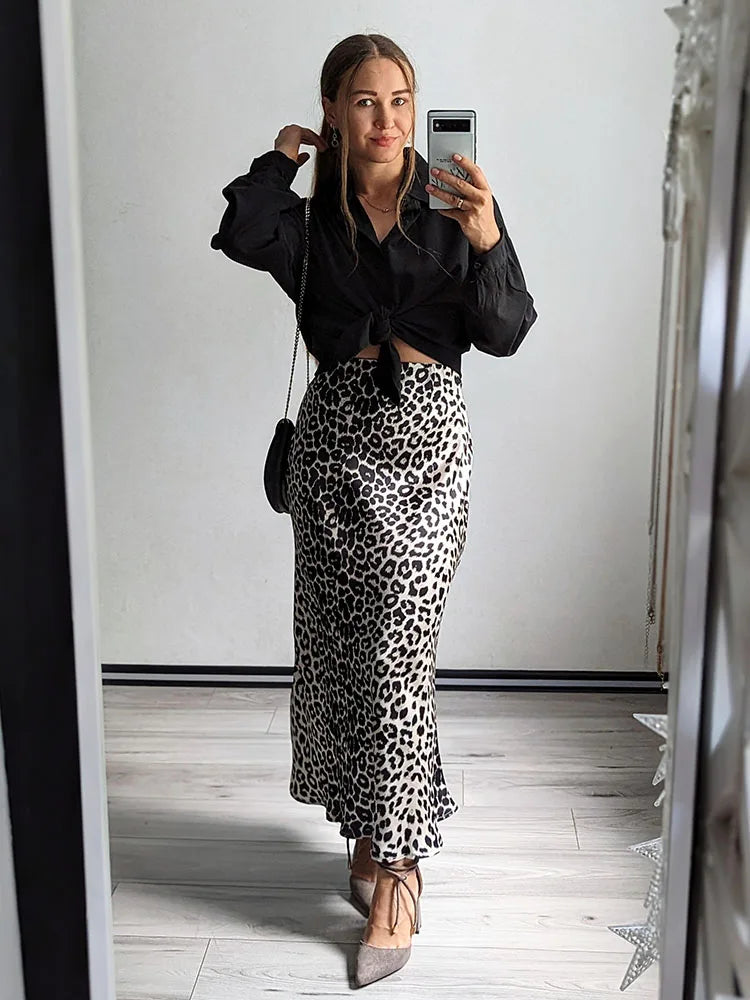 MiuKoMiYa Autumn Satin Leopard Print Maxi Skirt Women High Waist A Line Office Slim Long Leopard Skirt For Women Elegant 2024 - reetell