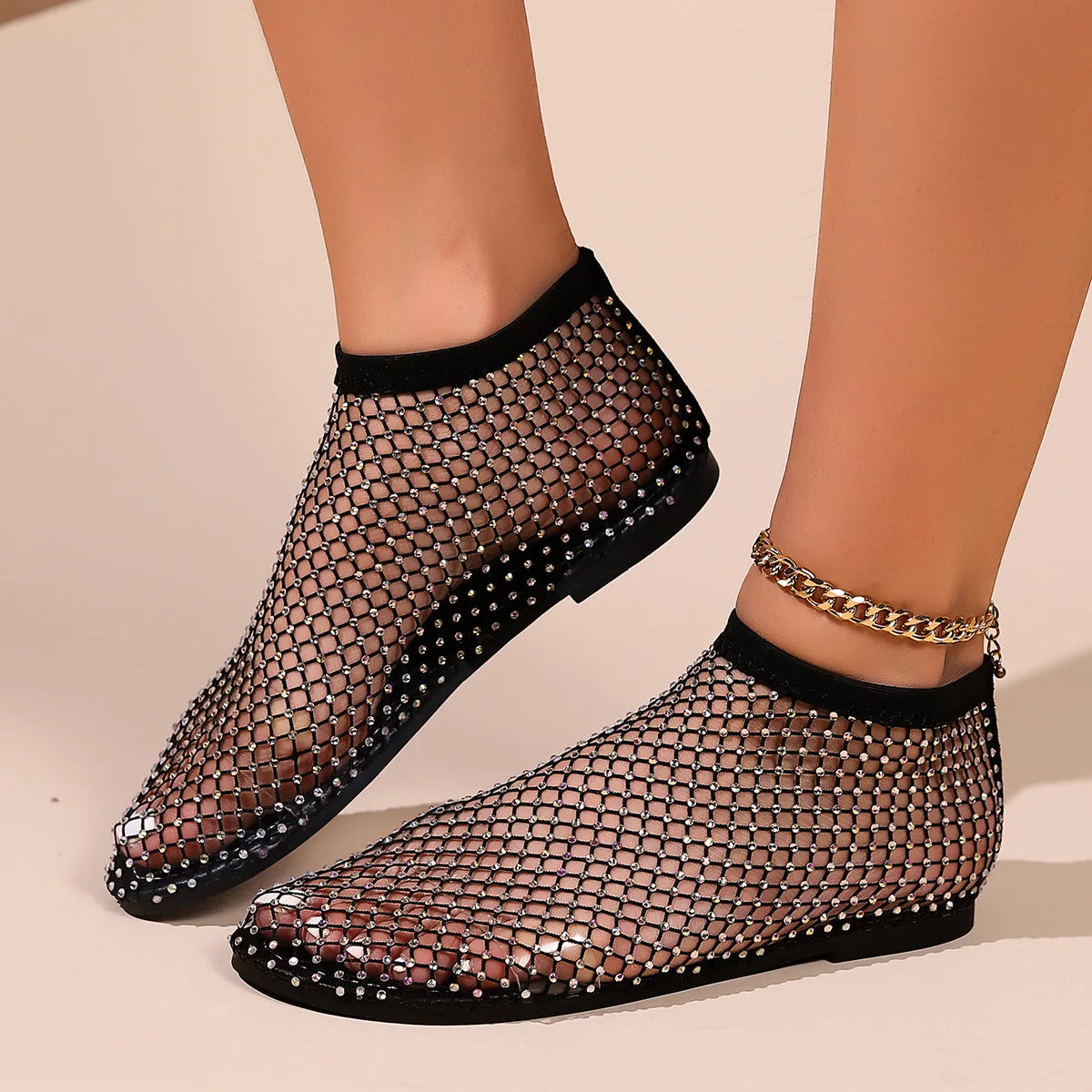 Women's Round Toe Flat Bottom Sandals Summer Slip-On Hollow Mesh Short Boots Fashion Water Diamond Sexy Banquet Slippers 35-42