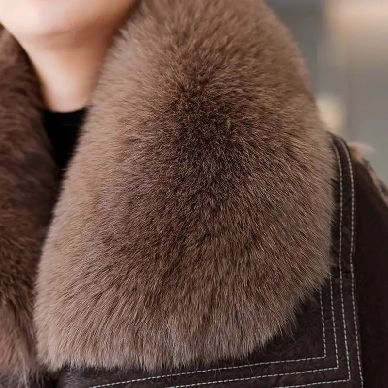 Women's Winter Down Jacket Sheepskin Fabric Fur V-Neck Rabbit Fur Lining Fur Coat Women Warm And Fashionable Jacket - reetell