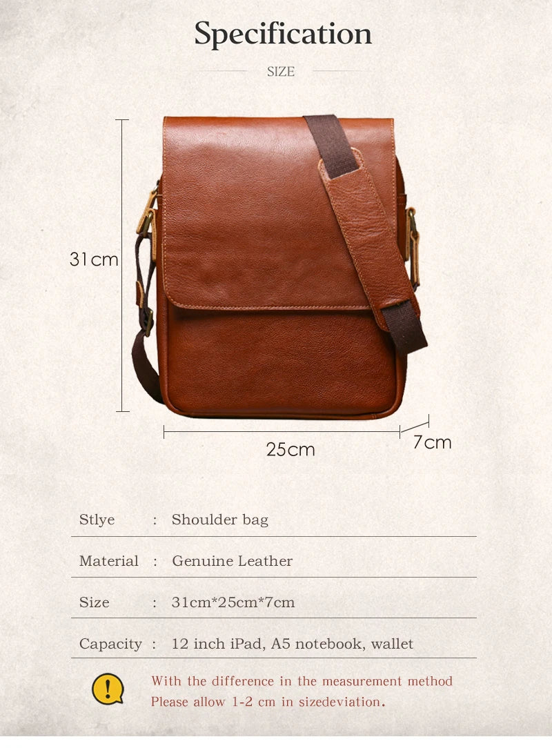 ROOG Men's Luxury Shoulder Sling Bag Higher Quality Genuine Leather Crossbody Man Casual Weekends Messenger Bag For 12 Inch IPad