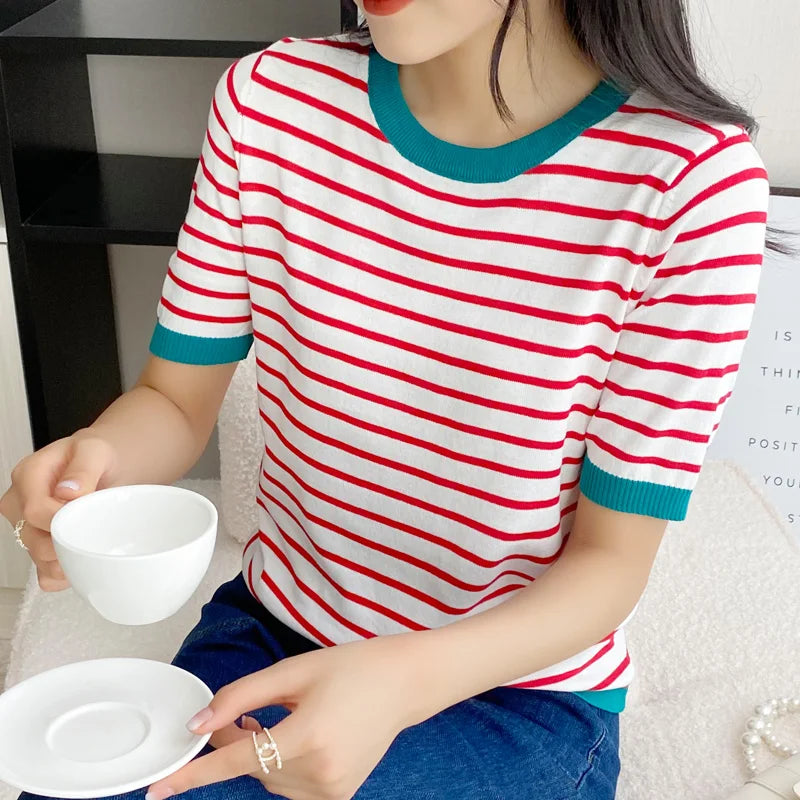 Short Sleeve T-shirts Women Striped Basic Chic Simple All-match Harajuku Retro Cotton O-neck Trendy Loose Leisure Cozy Womens - reetell