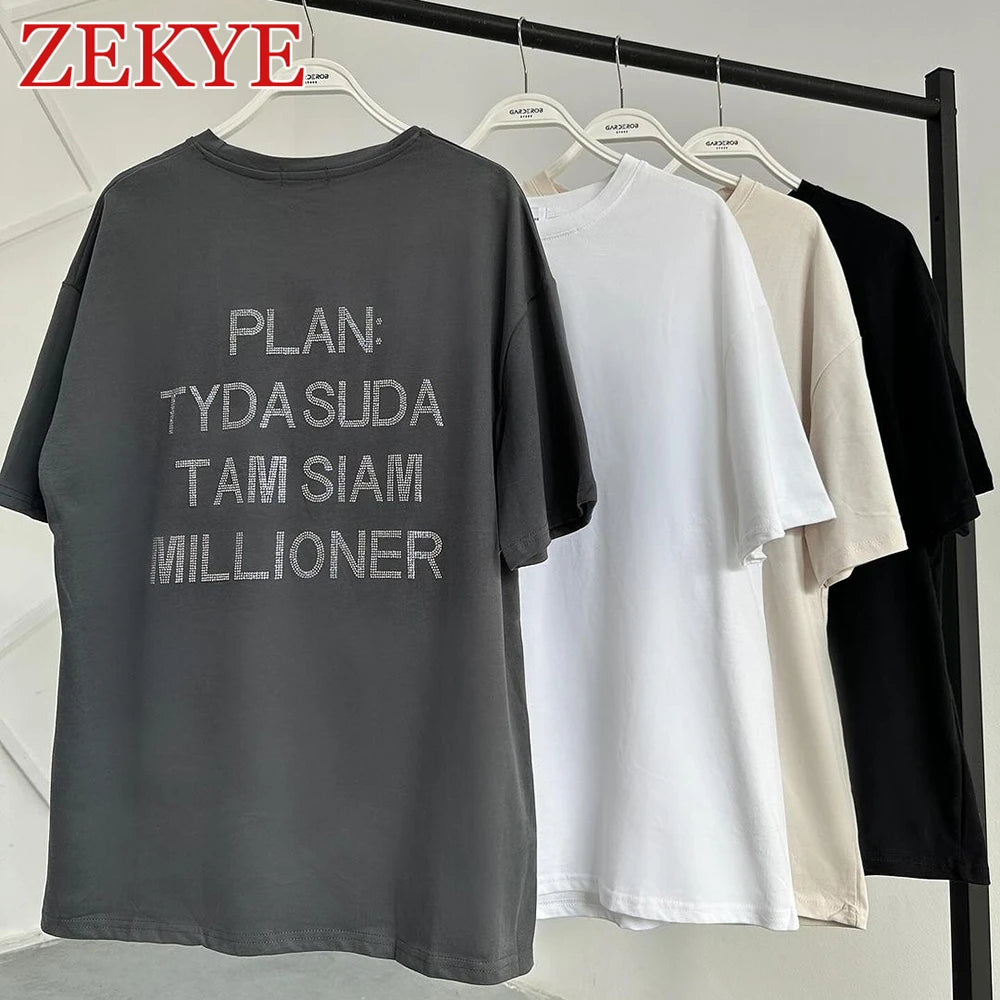 Zekye Rhinestone Letter Casual Tee Shirt Oversize Bodyfriend Style Korean O Neck Summer T Shirt Women Streetwear Harajuku Tops - reetell