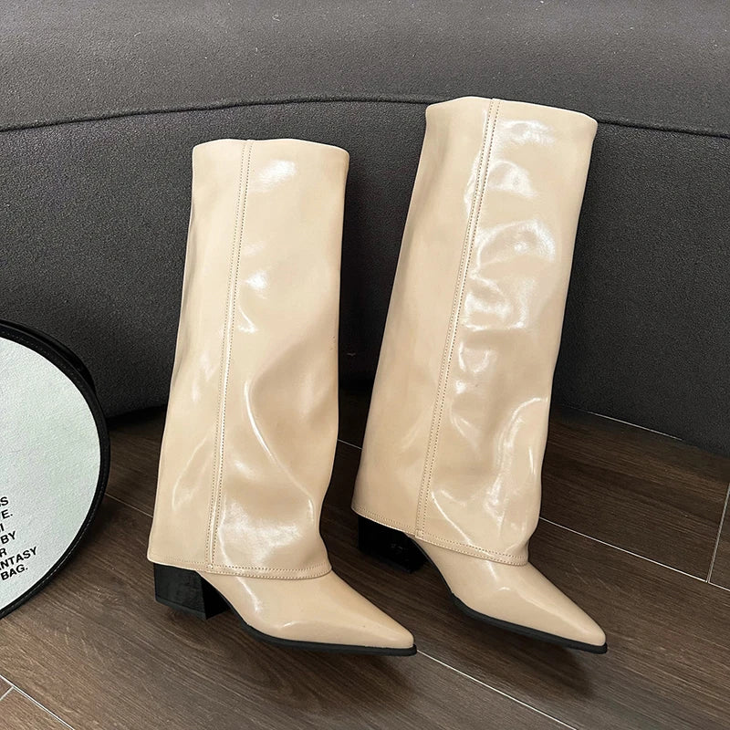 Knee High Heels Women Boots Leather Chunky Fashion Shoes Pointed Toe Snow Long Boots New Designer Pumps Punk Chelsea Botas Mujer