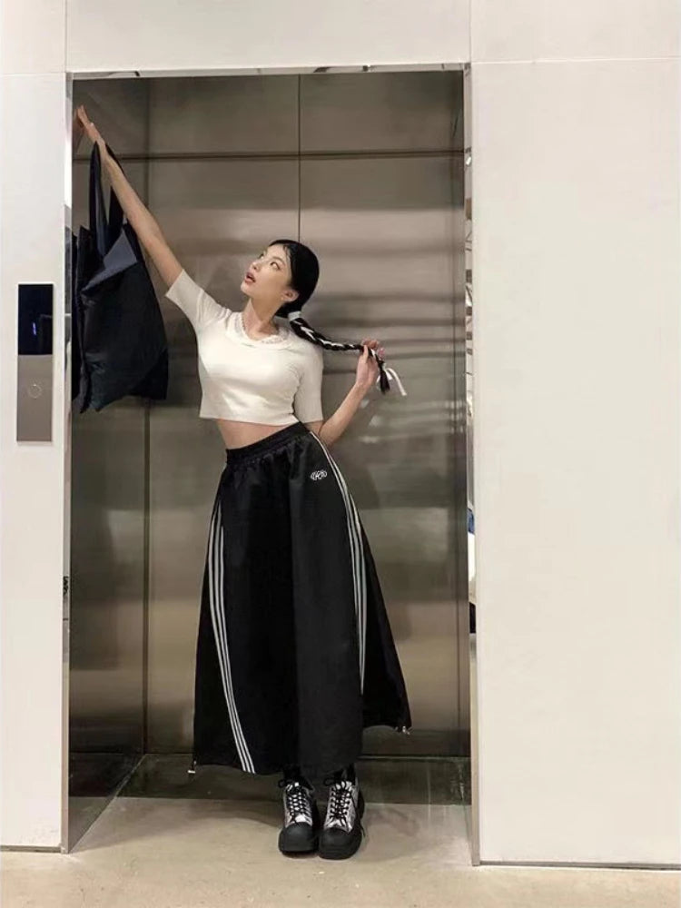 Y2K Parachute Skirt Women Vintage Streetwear Korean loose Side Striped Black Skirts New Casual Drawstring Aesthetics Skirt 2023 - reetell