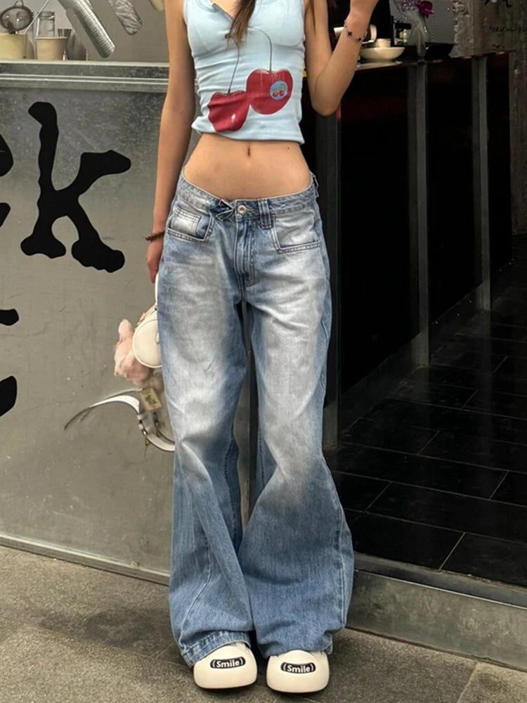 Women American Vintage Y2k Japanese Harajuku Streetwear Baggy Low Rise Denim Pants Long Trousers 2000s Aesthetic Jean Kpop Punk - reetell