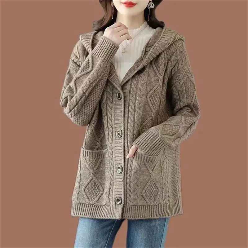 Hooded Sweater Spring And Autumn Mother Sweater Jacket Female Jacket 2023 New Loose Pocket Zipper Knitted Cardigan Mom HoodyCoat - reetell