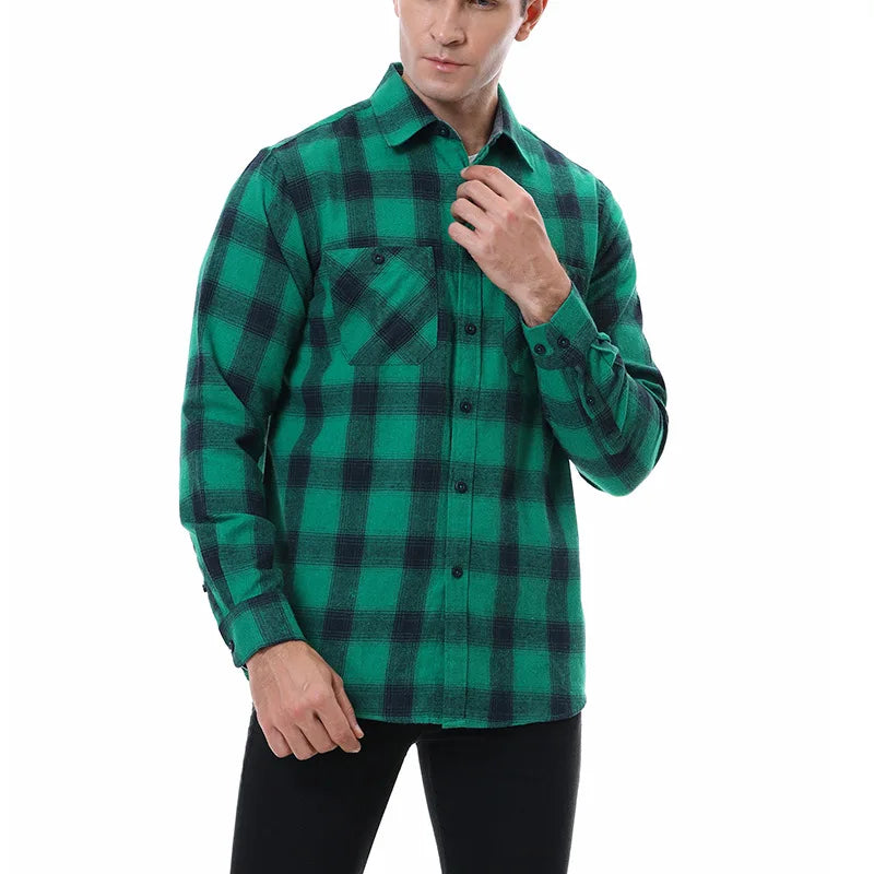 2023New Men Casual Plaid Flannel Shirt Long-Sleeved Chest Two Pocket Design Fashion Printed-Button