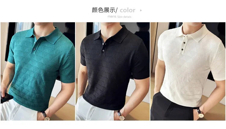 High-quality Men's Jacquard Polo Shirt, Business Casual Men's Solid Color Short-sleeved Top,  Geometric Pattern Men's T-shirt.