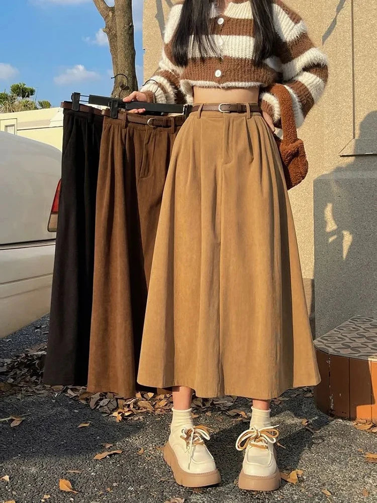 Vintage Corduroy with Belt Midi Skirts Women Y2K Autumn Winter High Waist Pleated Skirt Ladies Streetwear All Match A Line Skirt - reetell