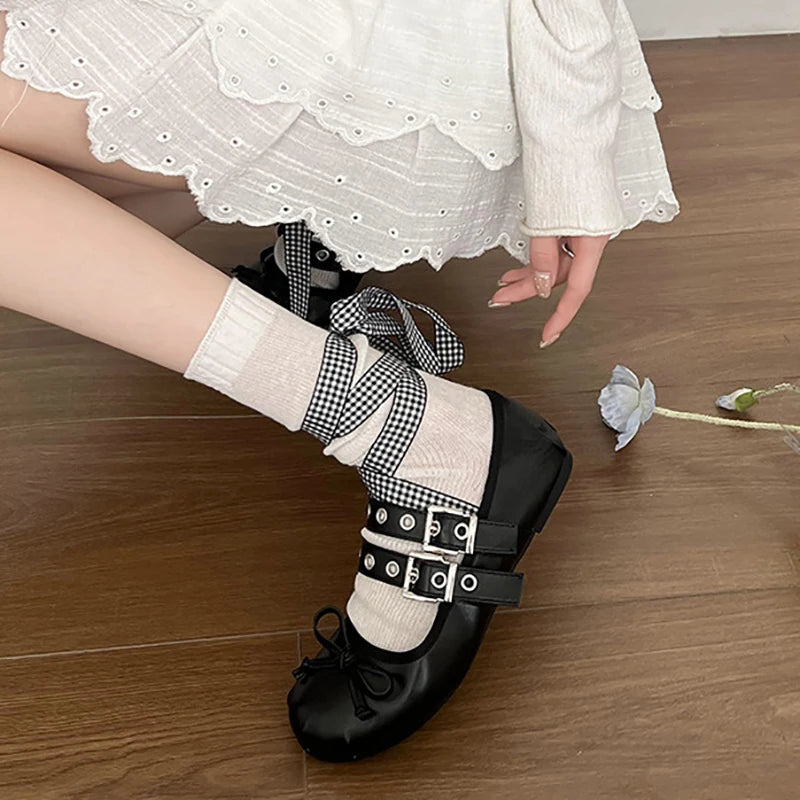 Women Flats Female Ballet Punk Doll Riband Shallow Bow Tie Sandals Ladies Fashion Desigh Sweet Retro Round Toe Buckle Cozy Shoes