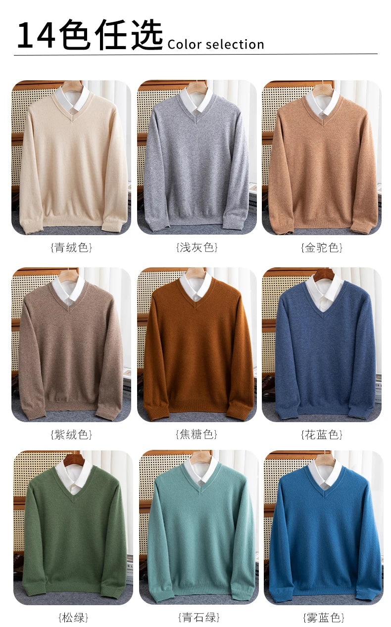 Men 100% Merino Wool Sweater V-Neck Pullover Autumn Winter Cashmere Warm Solid Knitwear Clothes Business Bottoming Soft Tops - reetell