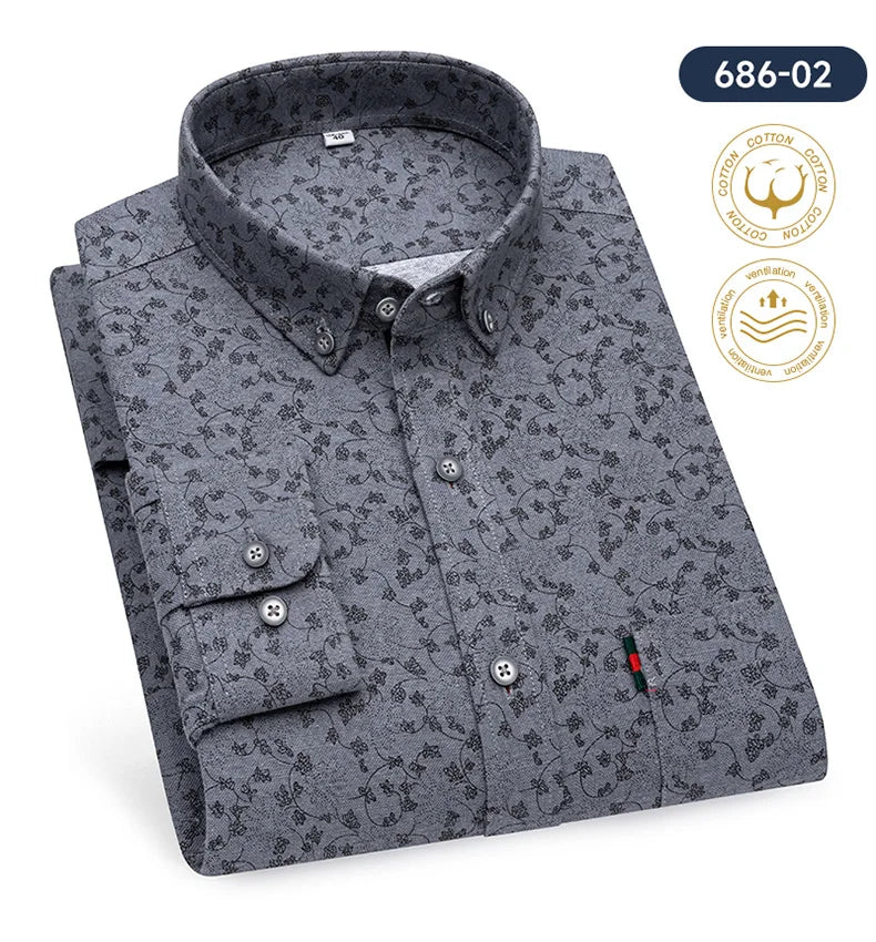 Fashion korean100%cotton casual long-sleeve shirts for men slim fit plain tops print designer vintage elegant clothes streetwear