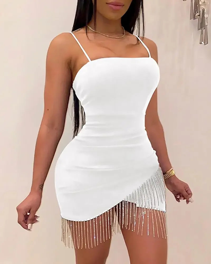 Woman Dress New Party Night Birthday Tassel Split Sleeveless Bodycon Elegant Suspender Short Mini Pencil Sexy Dresses - reetell