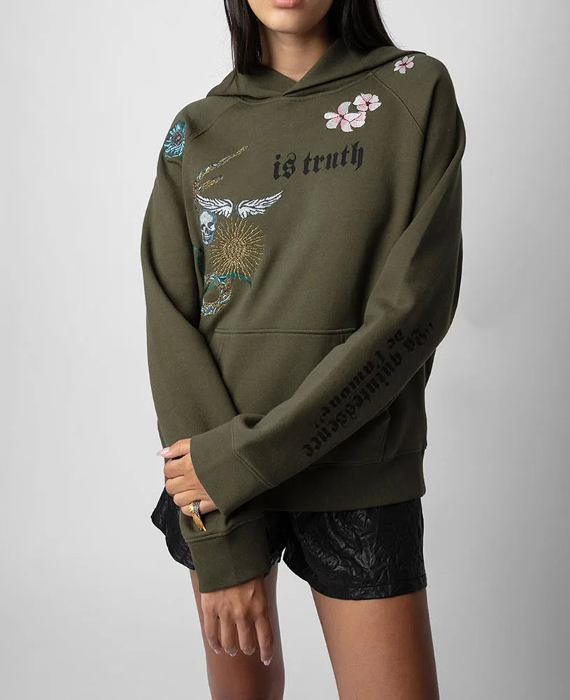 Army Green Hoodie Women's Sweatshirt Long Sleeve Letter Print Flowers Skull Wings Embroidery Pocket Fleece Pullover Sweatshirt - reetell