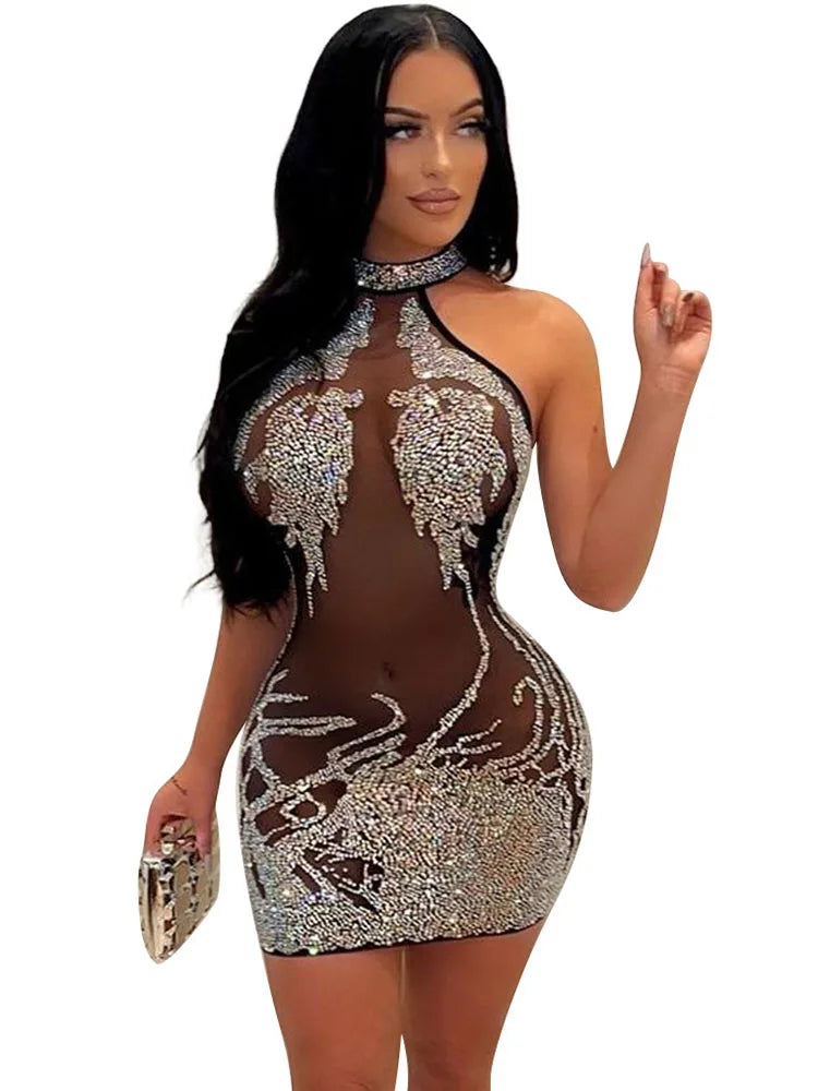 Sexy Mesh Rhinestone Short Prom Evening Mini Dress See Through Outfits Luxury For Women Night Club Party Diamond Bodycon Dresses - reetell