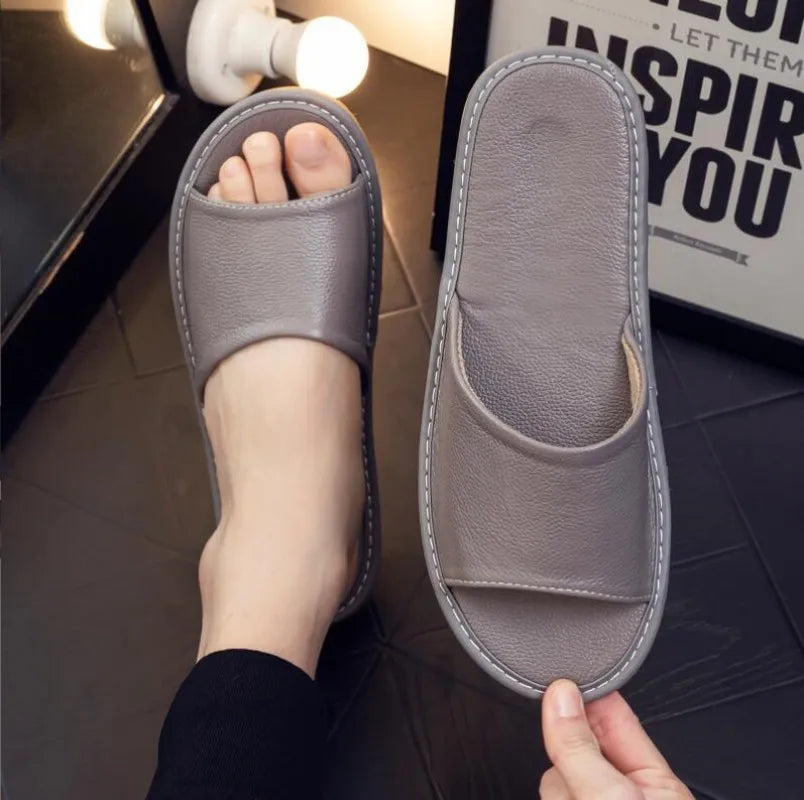 Genuine Leather Slippers Homes in indoor slipper summer open toe sandals men women elderly casual Slides shoes