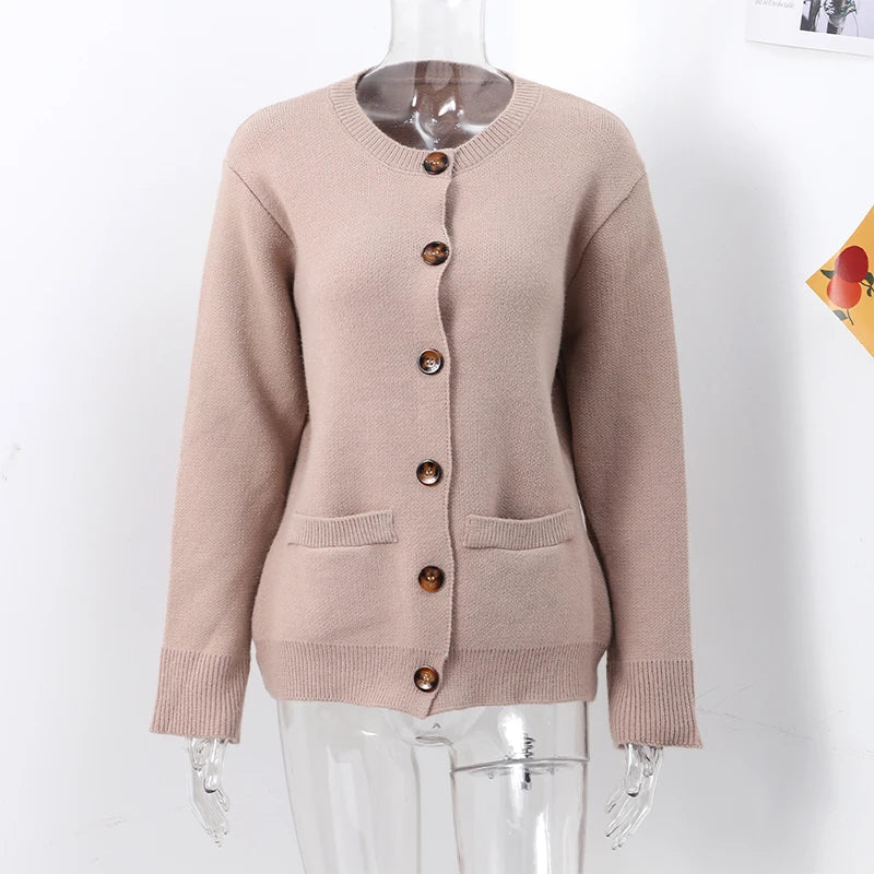 Knitted Solid Women Sweater Long Sleeve O Neck Female Cardigan 2024 Autumn Single Breasted Long Sleeve Pockets Lady Knitwear - reetell