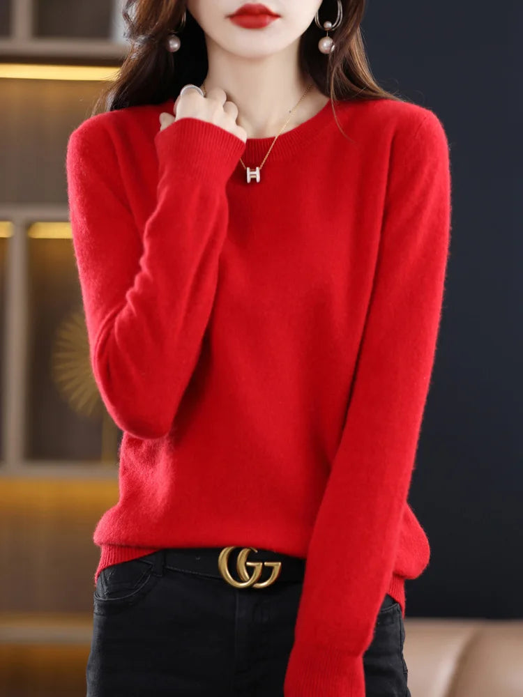 100% Merino Wool Sweater Women  Cashmere Pullover Knitwear Autumn Winter O-neck Solid Color Fashion Basic Female Clothes Tops - reetell