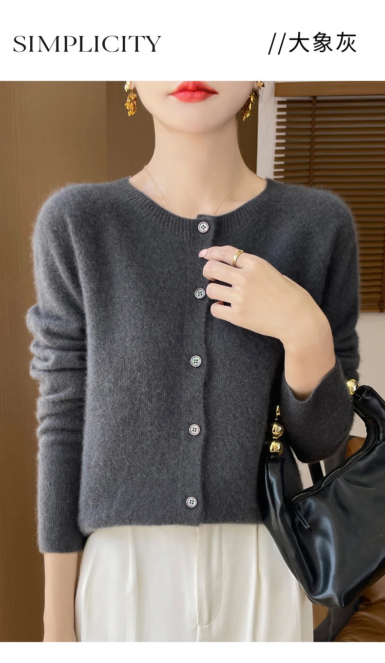 100% Merino Wool Long Sleeve Sweaters Cashmere Cardigan Spring Autumn Women O-Neck Knitwear Tops Clothing Fashion Basic Tops - reetell