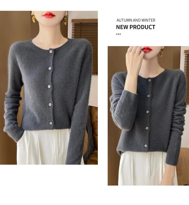 100% Merino Wool Long Sleeve Sweaters Cashmere Cardigan Spring Autumn Women O-Neck Knitwear Tops Clothing Fashion Basic Tops - reetell