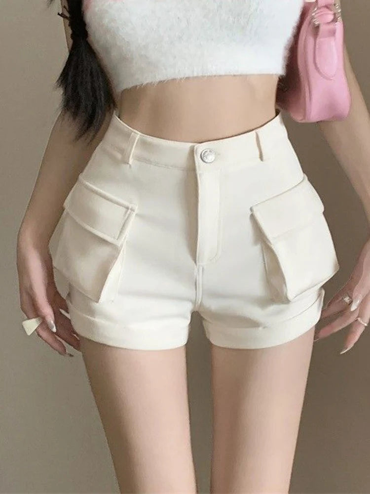 Zoki Korean Casual Cargo Shorts Women Pockets High Waist Streetwear Shorts Summer All Match Lady Simple Solid Slim Cargo Shorts - reetell