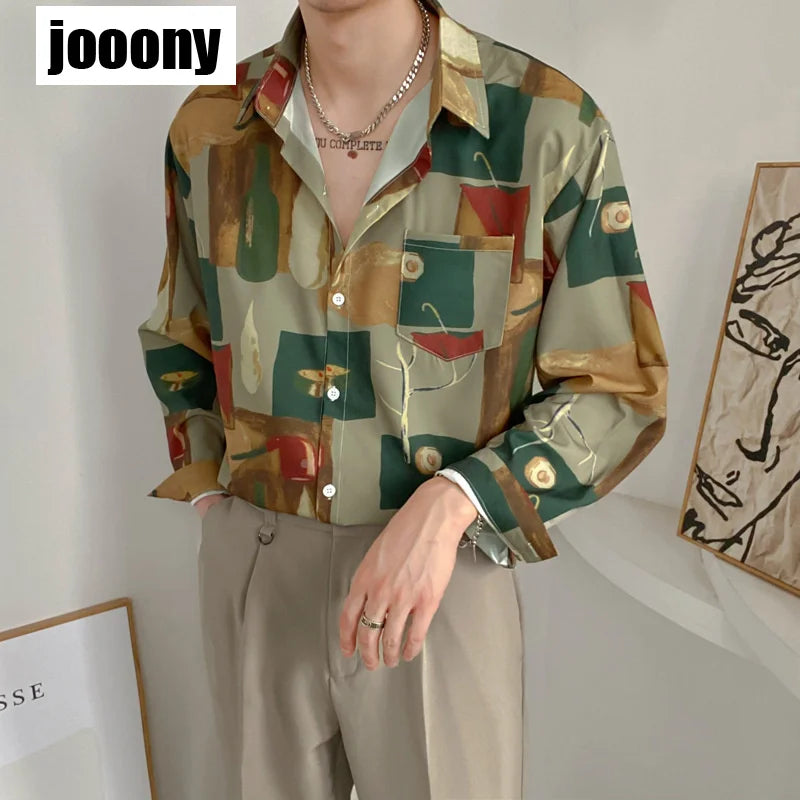 Men Summer Fashion Loose Design Sense Printing Shirt Tops Retro Oil Painting Harajuku Simple Casual Long-sleeved Shirt Daily - reetell