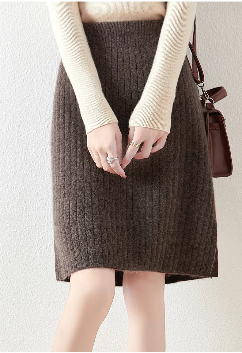 Women's Knitted Skirt 100% Merino Wool Sheath Skirt Solid Color Autumn/Winter Fashion Vertical Strip Wrap Hip Skirt Split Skirt - reetell