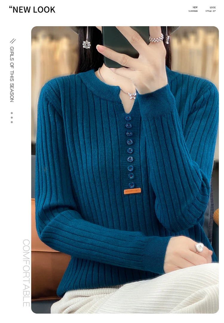 Women's Sweater Autumn/Winter New Solid Color Knitwear V-Neck Pullover Ladies Clothes Fashion Blouse Korean Style Loose Tops - reetell