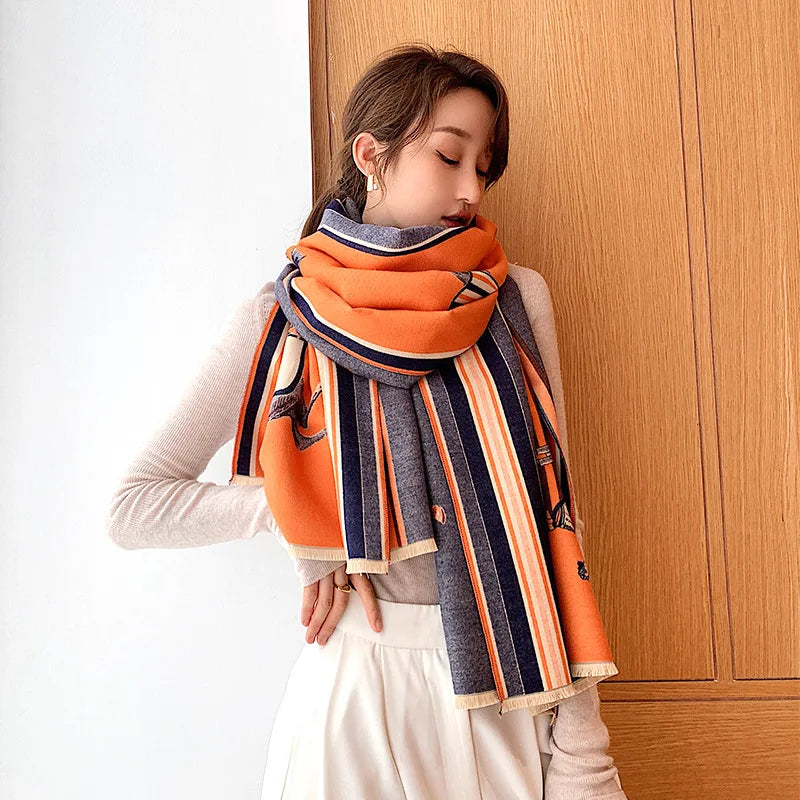 Women's Autumn Winter Horse Pattern Scarf New Luxury Cashmere Feeling Large Blanket Wrap Soft Warm Brand Shawl Retro & Classical - reetell