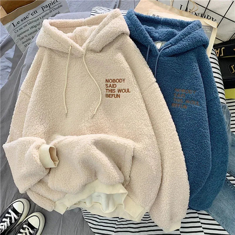 Fleece Hooded Sweatshirt Women Padded Thickened Warm Long Sleeve Pullover Preppy Style Casual Letters Winter Female Coat - reetell