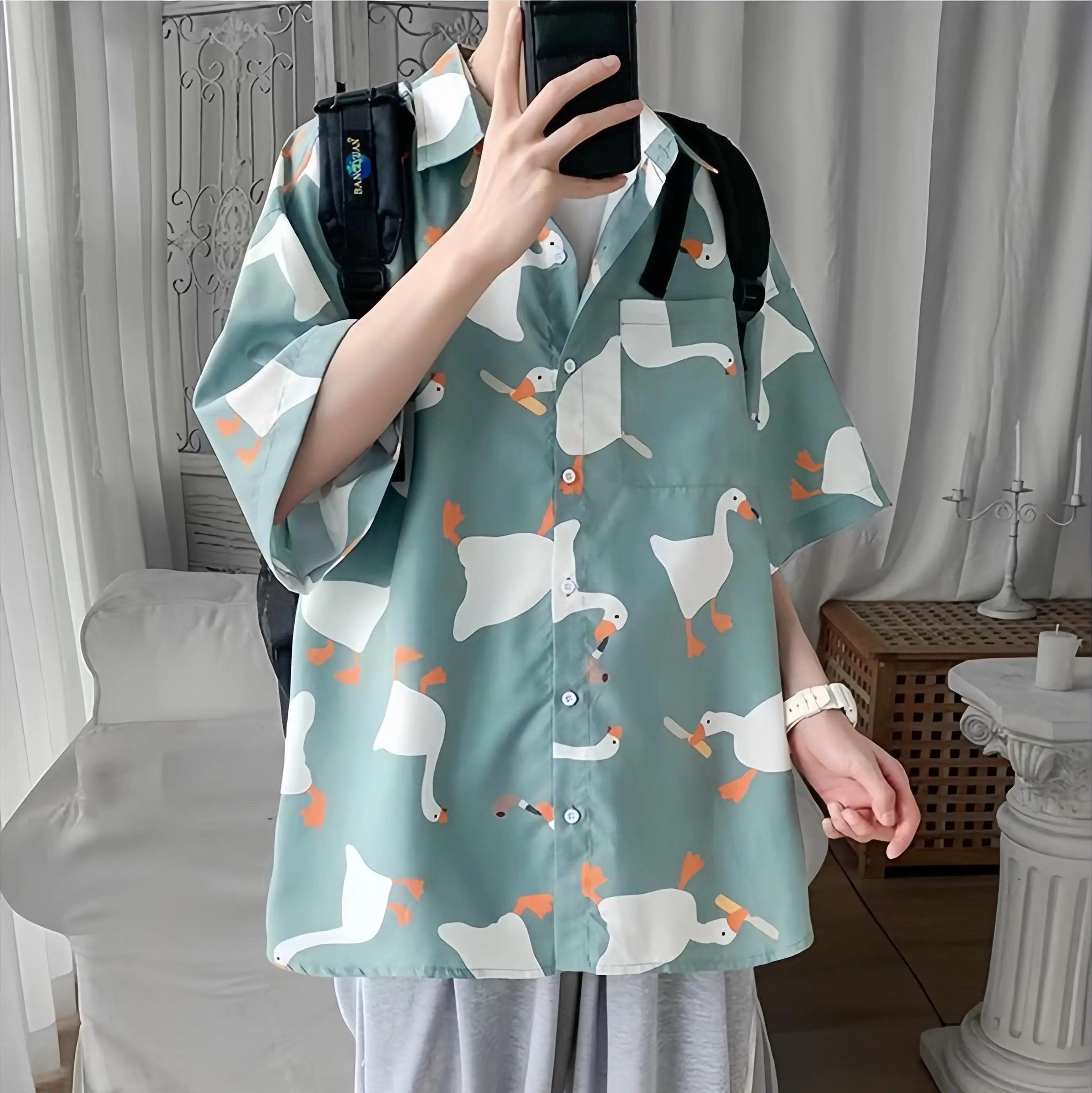 Men's Summer Thin Short Sleeve Shirt Loose Fit Casual Versatile Tops Fashion Goose Print Button Pockets Hawaiian Beach Shirt - reetell